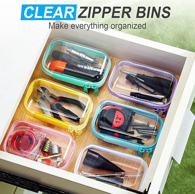 Sanwuta 6 Pcs Clear Hard Zipper Case Hard Plastic Zipper Pouches Makeup Bag Pencil Pouches Transparent Cases for Snacks Plastic Storage Organizer Box for Travel(Colorful,5 x 3 x 2 Inch)