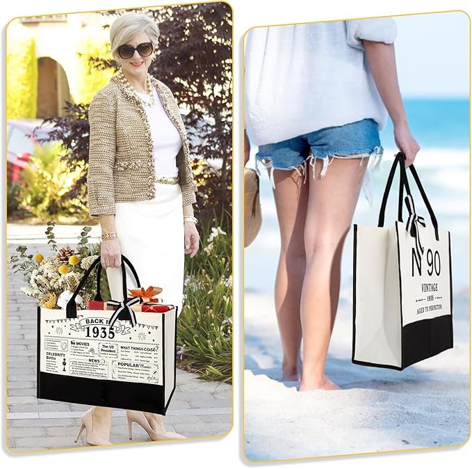 90th Birthday Gifts for Women Canvas Tote Bag Travel Gear, Unique 90 Years Old Gifts for Wife Sister Mom Aunt Friends Her, Vintage N°90 Handbag & Cosmetic Bag & Back in 1935 Poster