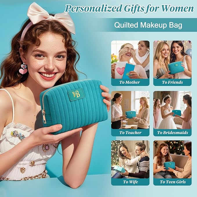 Monogrammed Make Up Bags for Women,Personalized Cosmetic Bags Women,Small Quilted Makeup Pouch,Cute Makeup Bag Travel,Birthday Gifts for Teen Girl (Blue B)