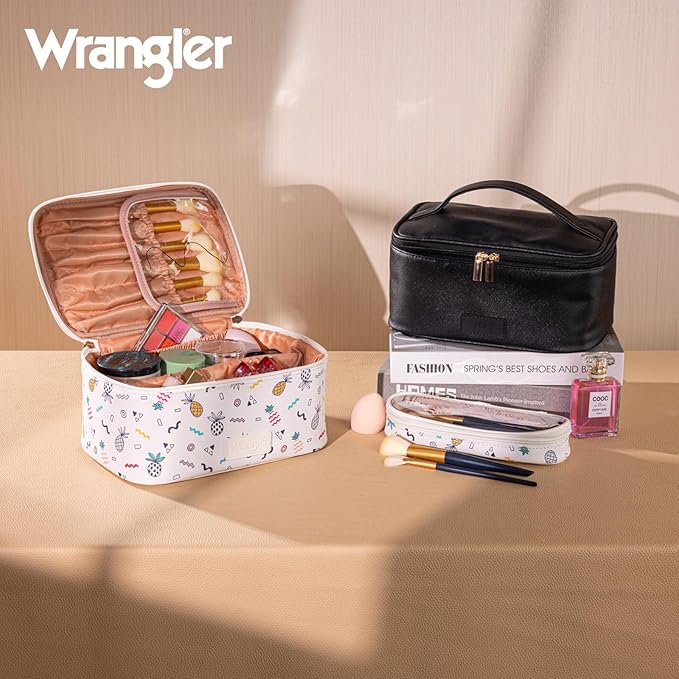 Montana West X Wrangler Travel Makeup Bag 2pcs Set Large Cosmetic Bag with Makeup Brush Holder Portable Make Up Organizer Cute Toiletry Bag with Divider and Handle for Women Beige