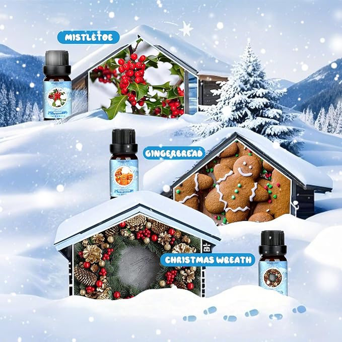 Winter Essential Oil for Diffusers Home, Holiday Fragrance Oils Set, Scented Oil Gift Set for Candle Soap Making - Christmas Wreath, Gingerbread, Mistletoe, Peppermint, Cinnamon, Hot Chocolate