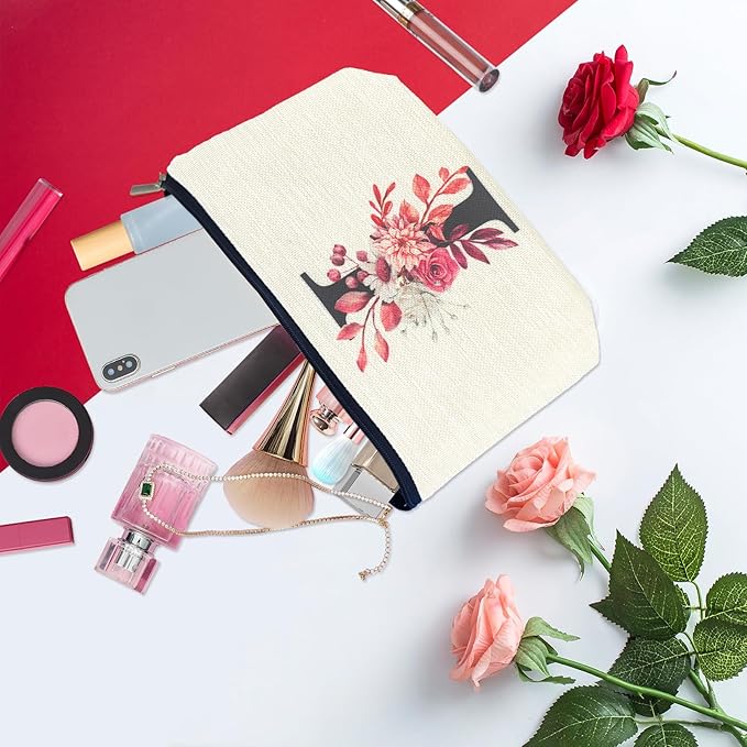 Initial A-Z Personalized Floral Makeup Bag, Monogrammed Birthday Gifts for Women Mom, Mothers Day Christmas Gift Ideas for Best Friend, Bride Bridesmaid, Her, Grandma, Small Travel Cosmetic Bag (I)