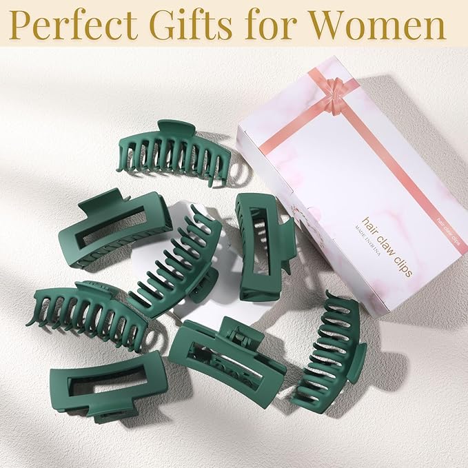 Green Hair Clips for Women - 8 Pack 4.3 Inch Large Matte Banana Claw Clips for Women Thin Thick Curly Hair, Big Strong Hold jaw