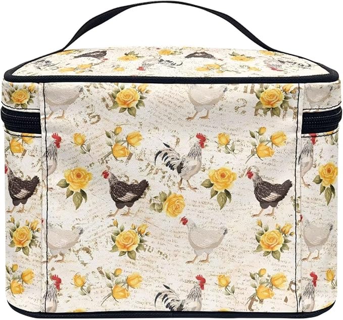 Chicken Yellow Rose Pattern Travel Makeup Bag for Women Large Capacity Cosmetic Bags with Zipper and Handle Make Up Tote Bags Organizer Portable Toiletry Bags