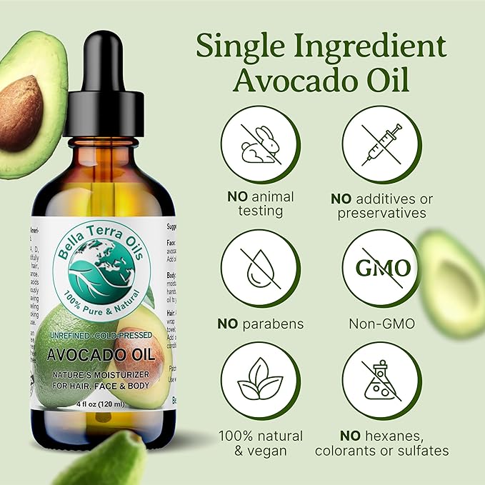 Bella Terra Oils - Avocado Oil 8 oz - Cold-Pressed Excellence, Brimming with Oleic Acid & B-Vitamins, Ideal Complement for Skin Care Regimens