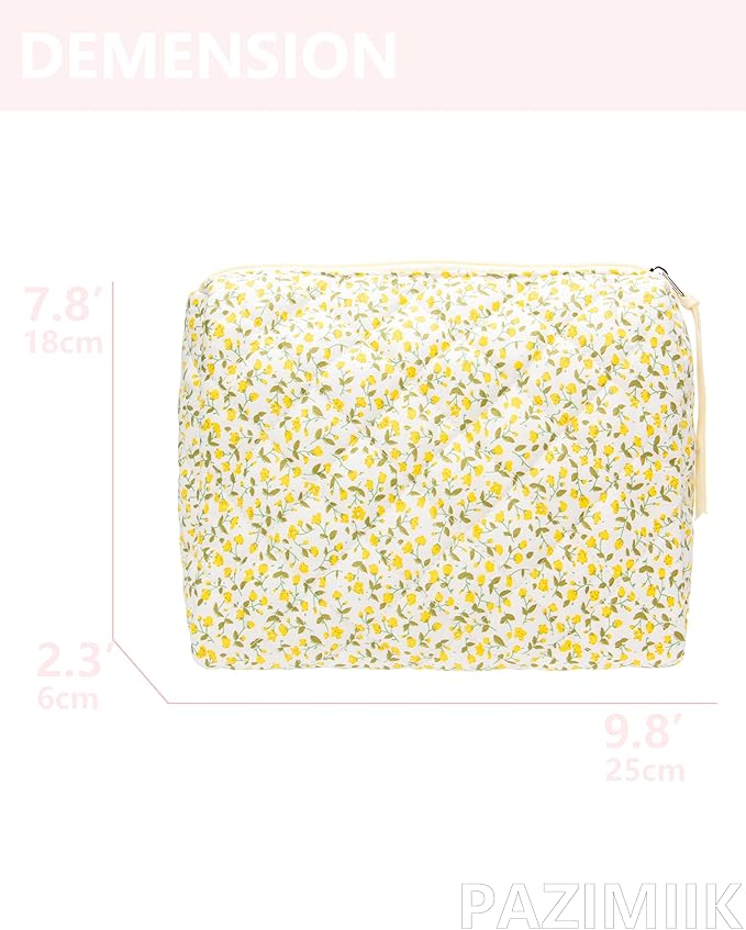 PAZIMIIK Quilted Makeup Bag Large Travel Zipper Soft Cosmetic Pouch for Women Girls Make Up,Floral Yellow