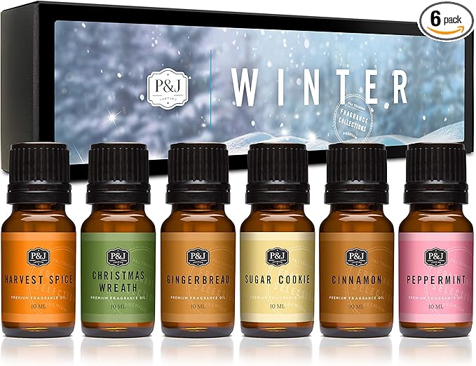 P&J Trading Fragrance Oil Winter Set | Cinnamon, Gingerbread, Sugar Cookies, Harvest Spice, Peppermint, and Christmas Wreath Candle Scents for Candle Making, Freshie Scents, Soap Making Supplies