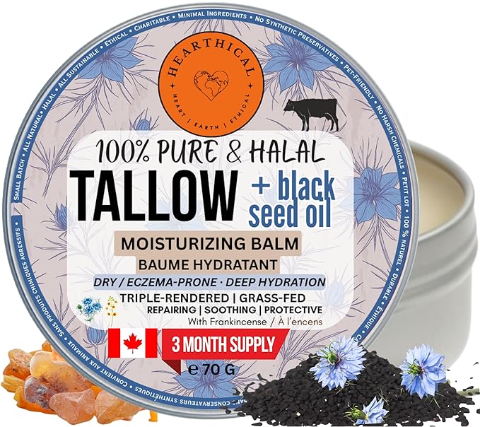 Halal Grass Fed Beef Tallow For Skin – 70g Organic Beef Tallow Moisturizer – Beef Tallow Face Moisturizer & Beef Tallow Face Cream – Pure Beef Tallow Balm with Black Seed and Jojoba