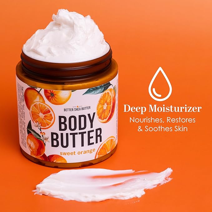 Sweet Orange Body Butter - Raw Shea Butter with Jojoba Oil, Orange Vanilla Body Lotion Scented with Essential Oils, No Synthetic Fragrances, Full Body Moisturizer for Dry Skin