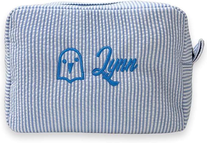 Custom Makeup Bag Personalized Cosmetic Bag Cute Seersucker Travel Toiletry Bag for Women Embroidered Bag Organizer for Bride Makeup Bag Gift Blue
