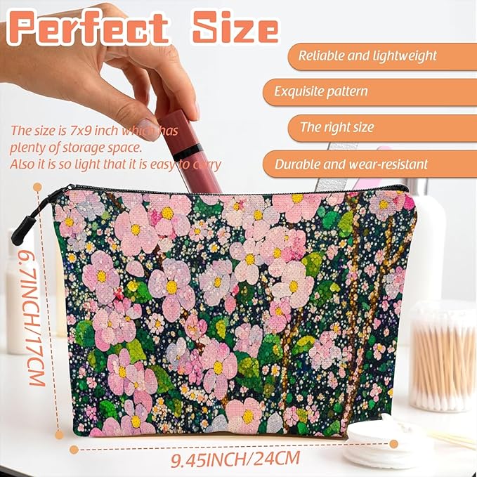 Cosmetic Bags Travel Makeup Toilet Case Waterproof Pouch for Women Girls 6.7X9.45inches - Lovely Pink - Bloom Tapestry