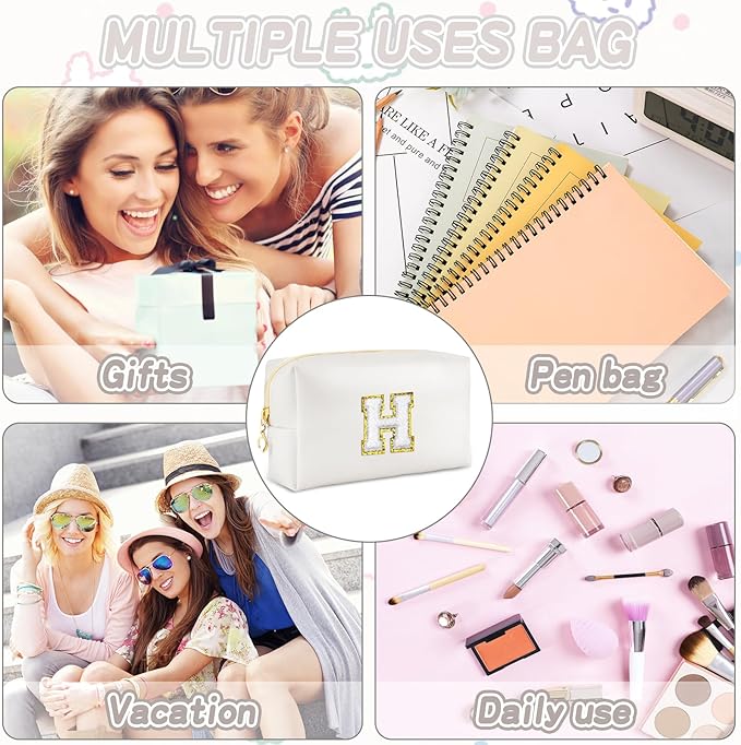 Gifts for Girls Initial Makeup Bag Personalized Cosmetic Bag with Zipper Cute Travel Toiletry Bags Waterproof PU Preppy Makeup Pouch Birthday Gift for Teen Girls Women(White H)