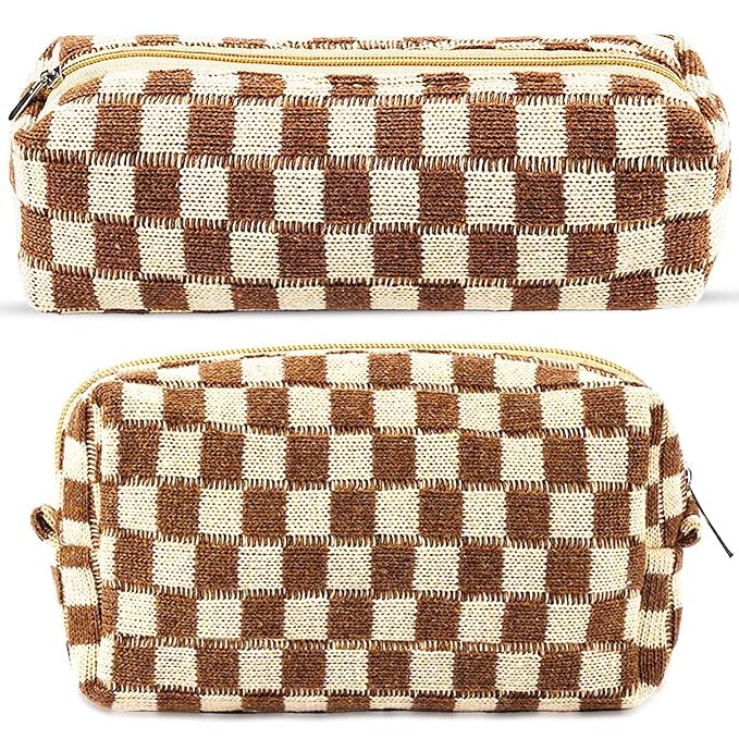 2Pcs Checkered Pencil Case Cute Pencil Pouch for Teens Checkered Makeup Bag Travel Cosmetic Bag Set Cute Makeup Pouch for Purse Portable Zippered Skincare Bags Preppy Toiletry Bags Organizer(Brown)