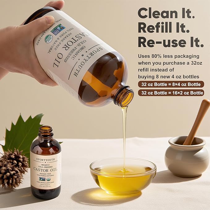SPORTYOUTH Organic Castor Oil Cold Pressed Hexane Free 32 oz Glass Bottle USDA Certified 100% Pure Unrefined Carrier Oil for Hair Growth, Scalp, Castor Oil Pack, Eyelashes, Brows, Skin, Face, Body