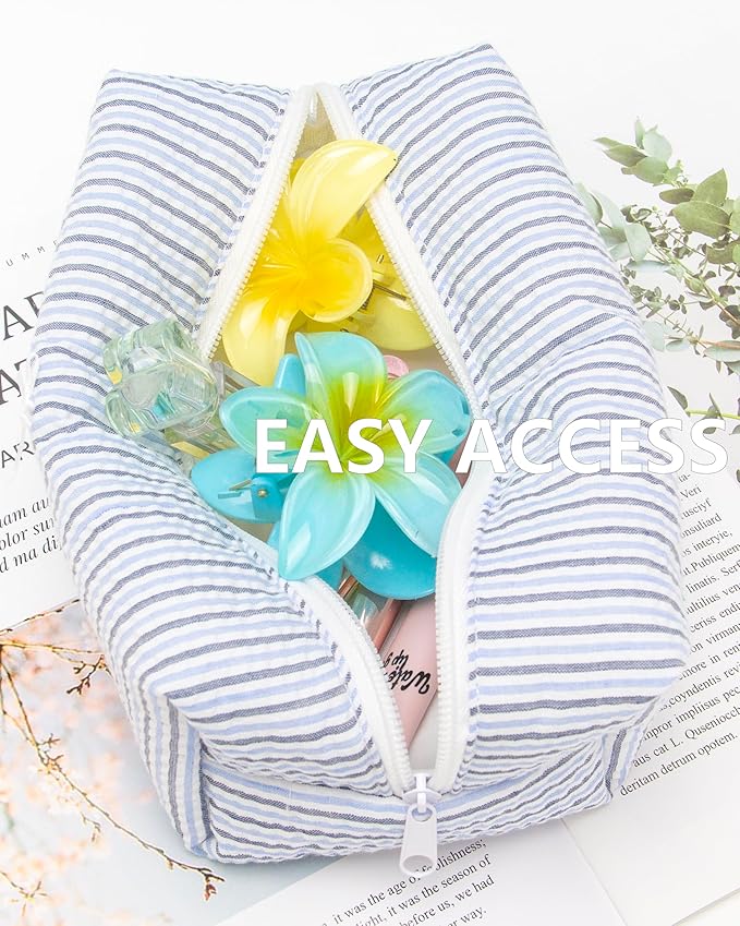 PAZIMIIK 2PCS Cozy Makeup Bag Small Aesthetic Travel Zipper Cosmetic Pouch for Women Make Up Beauty Accessories Brushes, Stripe Blue Mix