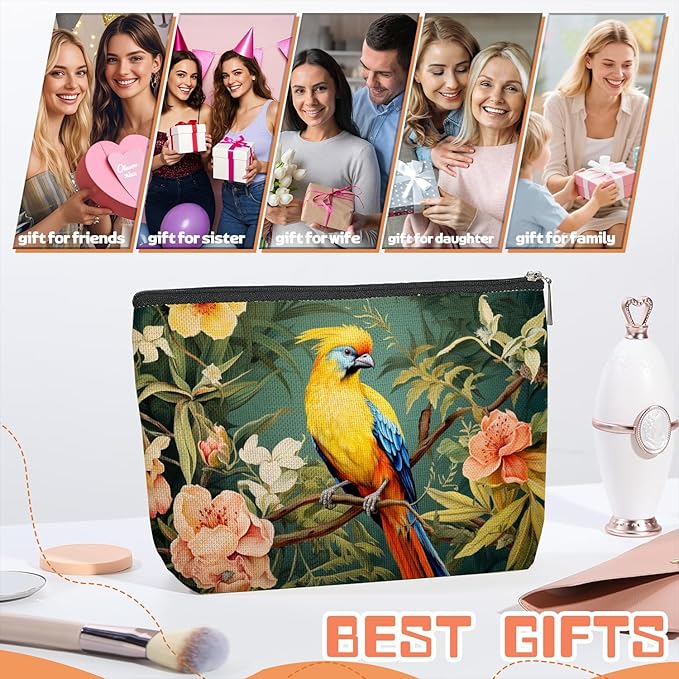 Makeup Bag Travel Cosmetic Bags Small Makeup Case Waterproof Zipper Pouch for Women Girls 7X9inches - Colorful Bird on A Branch with Tropical Flowers