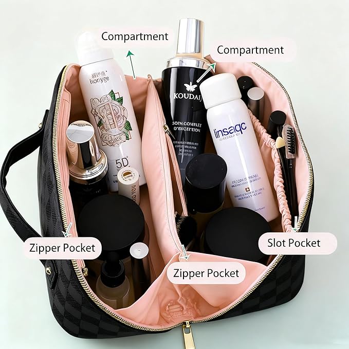 Cosmetic Bag,Travel Makeup Bag, Large Capacity Cosmetic Bags for Women, Waterproof Portable Bathroom Bag,Open Flat Toiletry Bags,Makeup Organizer Bag with Divider, Cosmetic Pouch Gifts for Women
