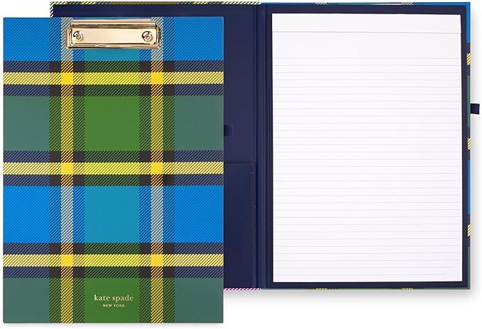Kate Spade New York Clipboard Folio with Low Profile Clip, Professional Padfolio Includes Lined Notepad, Pen Loop, and Pocket, Grand Plaid Duo
