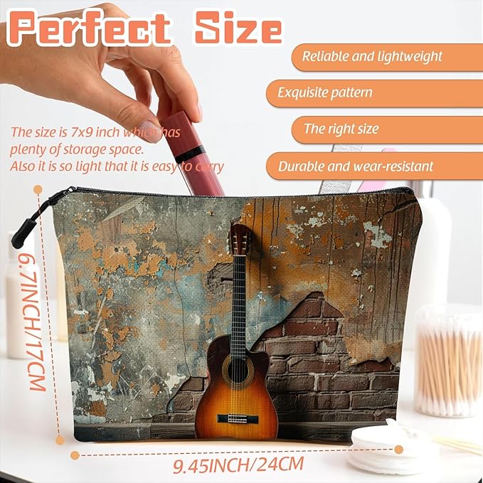 Cosmetic Bags Travel Makeup Toilet Case Waterproof Pouch for Women Girls 6.7X9.45inches - Guitar'S Solitary Pose Against A Rustic Wall