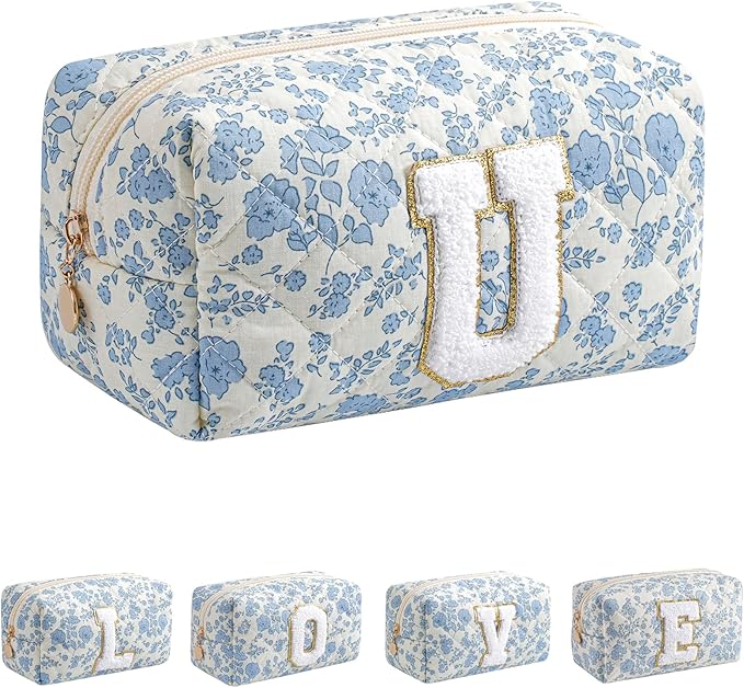 JOVAKIT Alphabet Makeup Bag Cosmetic Bag for Women, Christmas Gifts for Girls Age 6-18, Floral Flowers Coquette Travel Toiletry Zipper Make Up Pouch Organizer Trendy Stuff (Blue Floral U)