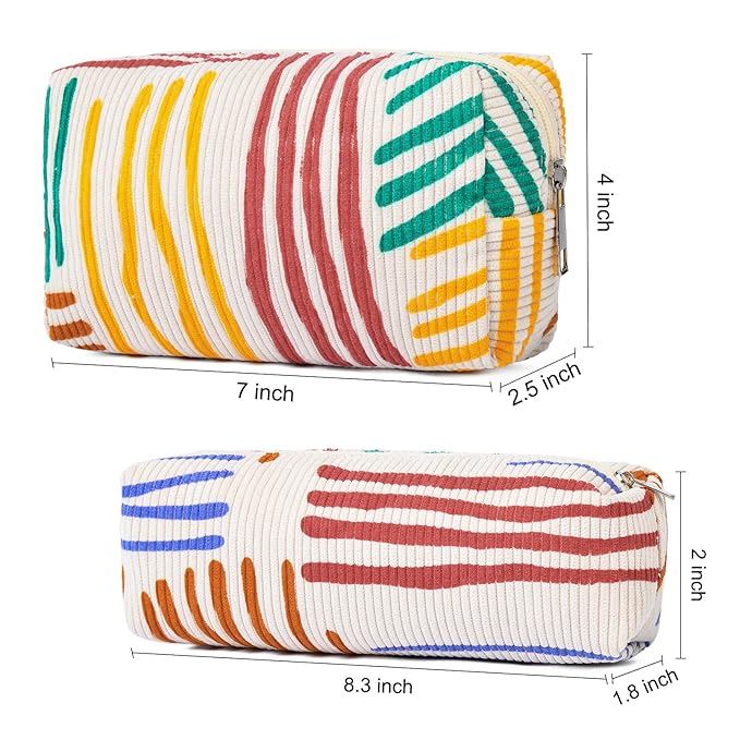 SOIDRAM Corduroy Cosmetic Bag - Large Capacity Makeup Pouch with Stripe Pattern and Makeup Brush Storage - Travel Toiletry Bag Organizer