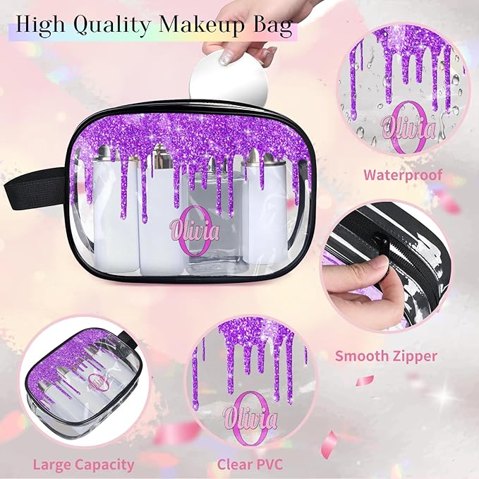 Personalized Name Clear Toiletry Bag, Large Travel PVC Cosmetic Bag Portable Makeup Organizer Bag for Women Bathroom Shower Essentials, Dark Voilet Purple Fluid Shape Glittering