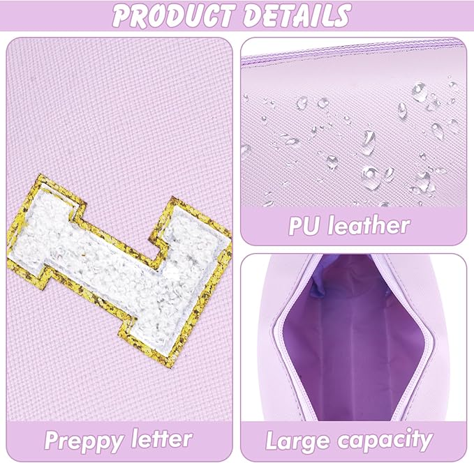 Gifts for Girls Initial Makeup Bag Personalized Cosmetic Bag with Zipper Cute Travel Toiletry Bag Waterproof PU Preppy Makeup Pouch Birthday Gift for Teen Girls Women(Purple L)