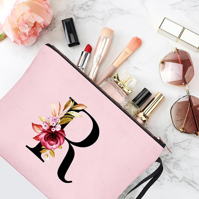 Vavabox A-Z Personalized Makeup Bag, Birthday Gifts for Women Mom, Gifts for Best Friend, Bride Bridesmaid Cosmetic bag (R, Pink)