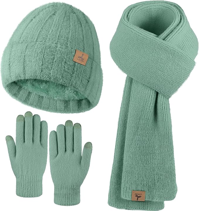 Winter Beanie Hat Scarf Gloves, Warm Fleece Knit Hat Long Scarf Neck Warmer Touch Screen Winter Gloves Set Gifts for Women