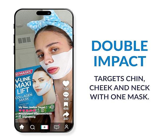 Stylia MaxiLift V-Line Lifting Collagen Face Mask - Advanced Double Chin Reducer - Jawline Shaper - Neck Firming and Tightening Mask with Hyaluronic Acid & Aloe Vera - Chin Strap for Sleeping (5PC)