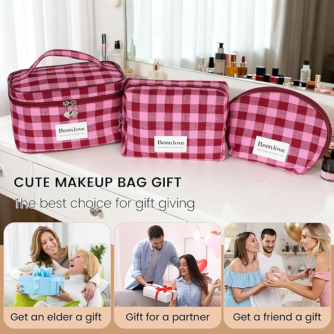 FAELBATY Makeup Bag Large Checkered Fabric Toiletry Organizer Bag for Women Girls (Rose Red)