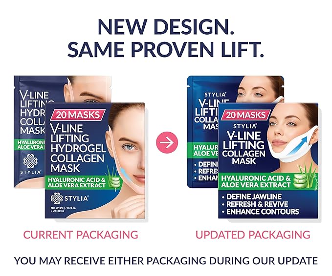 STYLIA V Line Lifting Collagen Face Mask - Lift, Firm & Contour Jawline - Double Chin Strap with Hyaluronic Acid & Aloe Vera - Hydrating Neck & Face Tightening Mask - Chin Strap for Sleeping - 20PC