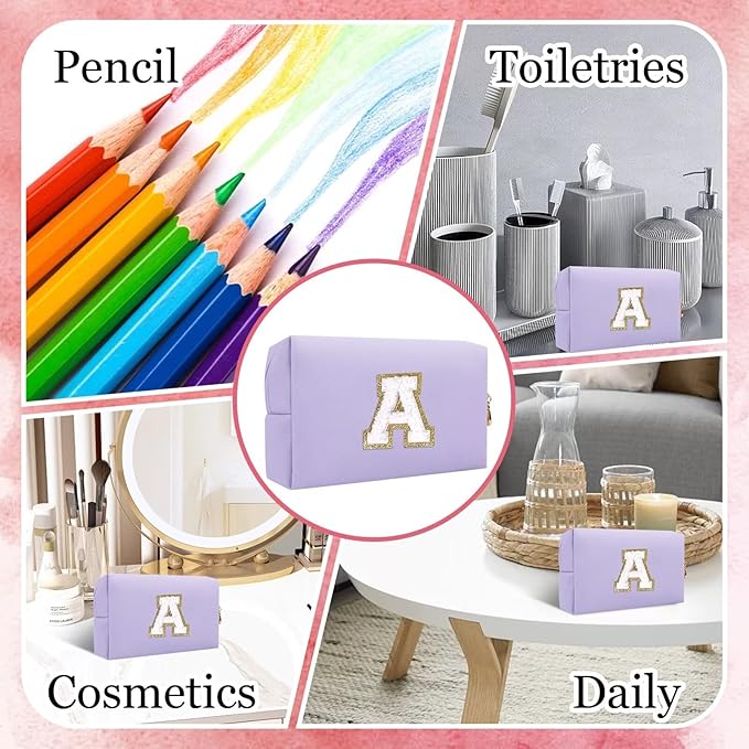 Small Personalized Letter Makeup Bag, Cute PU Leather Chenille Letters Cosmetic Bag Travel Makeup Pouch, Preppy Travel Organizer Zipper Pouch for Women&Girls（Purple-A）