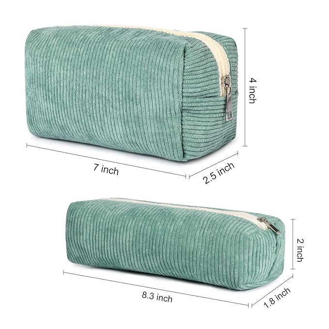 SOIDRAM Makeup Bag Corduroy Cosmetic Bag Cute Green Makeup Pouch 1Pcs Large Capacity Makeup Bags and 1Pcs Makeup Brushes Storage Bag Travel Toiletry Bag Organizer