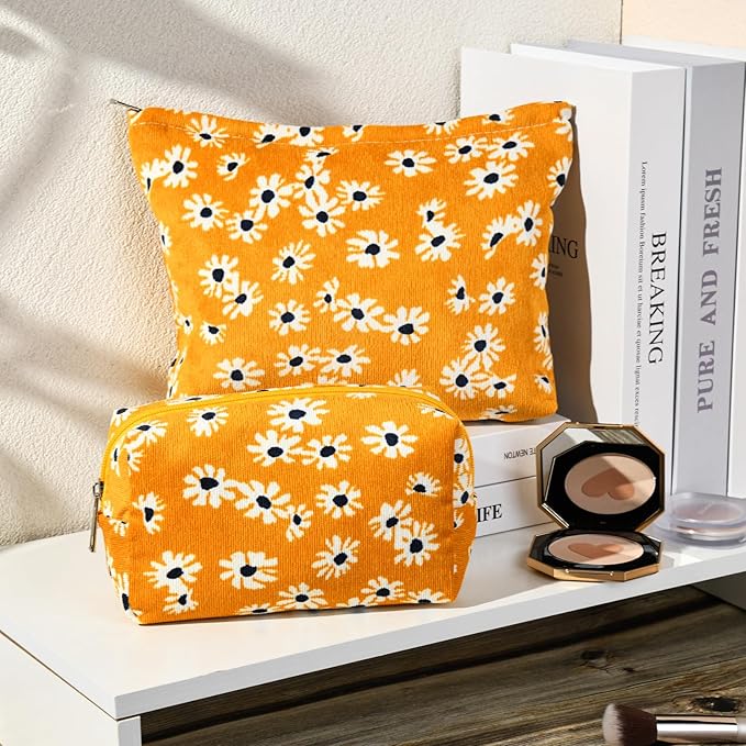 SOIDRAM 2 Pieces Flower Makeup Bag Large Cosmetic Bag Capacity Canvas Mix Travel Toiletry Bag Organizer Cute Makeup Brushes Aesthetic Accessories Storage Bag for Women,Little Flower Mix Yellow
