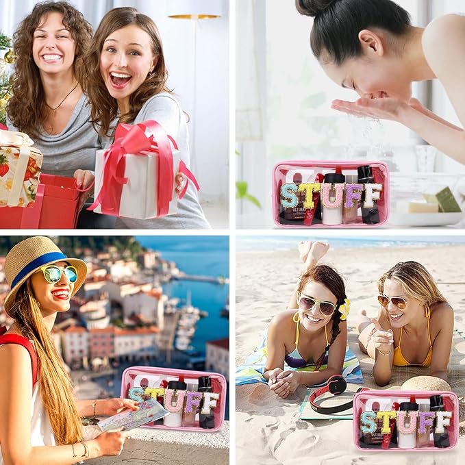 Iqimott Clear Patch Makeup Bag Stuff Pouch, Preppy Personalized Chenille Letter Cosmetic Pouch for Travel, Nylon Waterproof Monogram Pouches Zipper Toiletry Bags for Women Girls(STUFF, Pink)