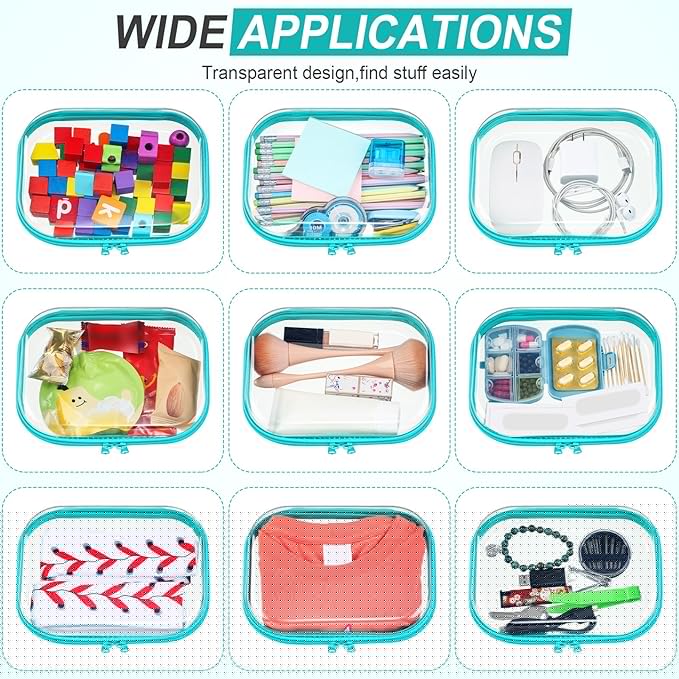 Sanwuta 6 Pcs Clear Hard Zipper Case Pencil Pouches Hard Plastic Zipper Pouches Makeup Bag Transparent Cases for Snacks Plastic Storage Organizer Box for Travel(Teal,7.87 x 5.9 x 2 Inch)