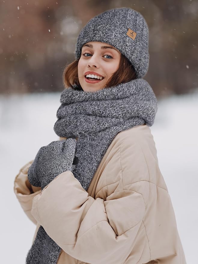 Winter Beanie Hat Scarf Gloves, Warm Fleece Knit Hat Long Scarf Neck Warmer Touch Screen Winter Gloves Set Gifts for Women