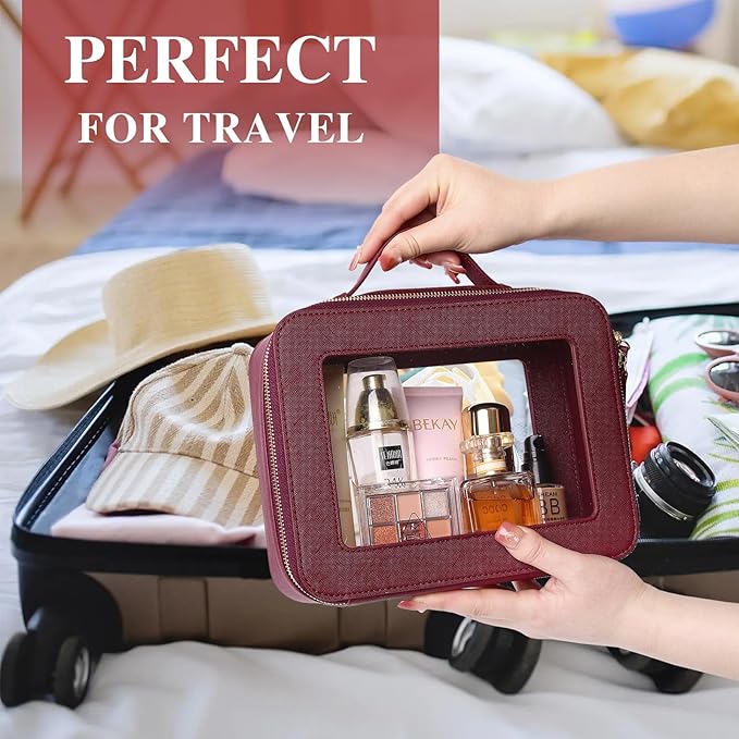Pinkmik Clear Makeup Bag with Brush Bag 2pcs Waterproof Travel Case for Cosmetics and Toiletries Women's Cosmetic Organizer with Zipper (X/Burgundy, L+SLIM)