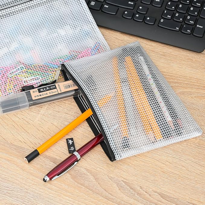 AUSTARK 10 Pcs Zipper File Bags, Waterproof Plastic Mesh Pouch for Office School, Board Game Storage Bags (B6 Size 7.6''x5.3'', White and Black)