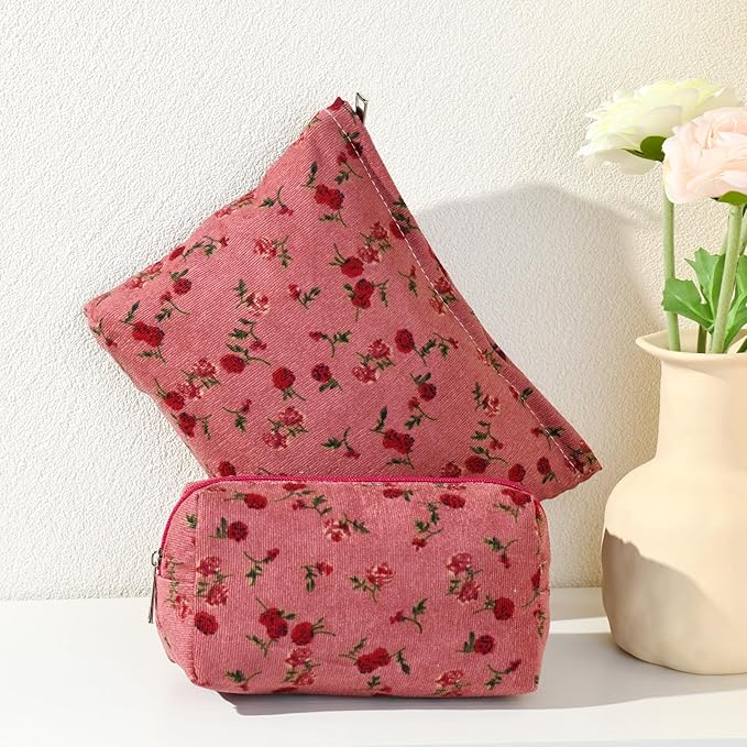 SOIDRAM 2 Pieces Rose Makeup Bag Large Cosmetic Bag Capacity Canvas Mix Travel Toiletry Bag Organizer Cute Makeup Brushes Aesthetic Accessories Storage Bag for Women, Rose Mix Green Red