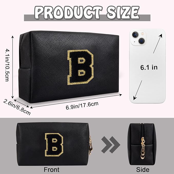 Personalized Initial Travel Preppy Makeup Bag, Small Cute Black Cosmetic Pouch Monogram Toiletry Organizer with Zipper, Waterproof PU Make Up Bags Storage Birthday Bridal Shower Women Gift (Letter B)