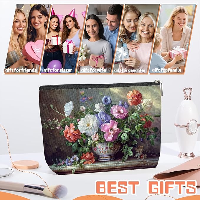 Makeup Bag Travel Cosmetic Bags Small Makeup Case Waterproof Zipper Pouch for Women Girls 7X9inches - Exquisite Bouquet in A Decorated Ceramic Vase