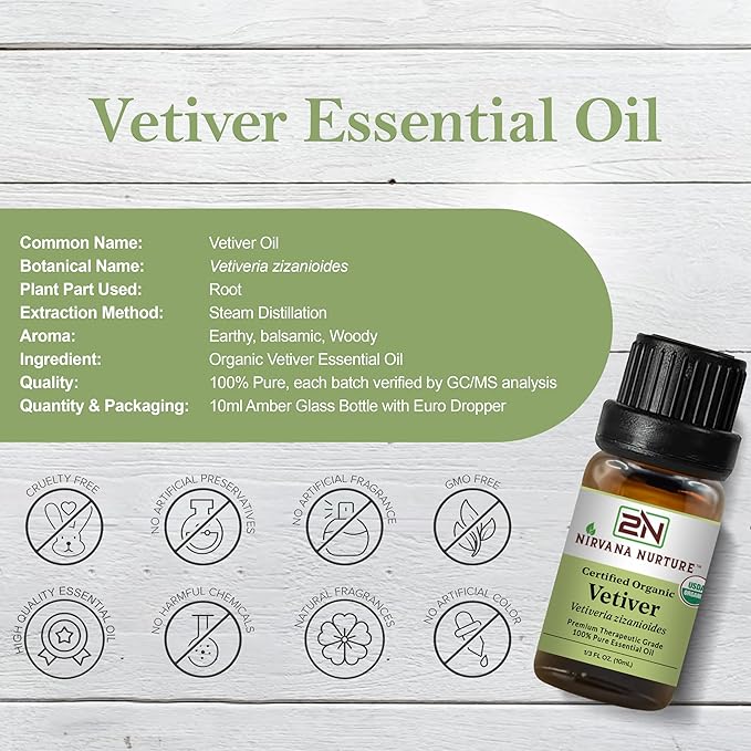 Vetiver Essential Oil USDA Certified Organic, 100% Pure Natural Premium Grade, Undiluted- Aromatherapy Diffuser for Calm and Relaxation, Skin Care, Hair Care