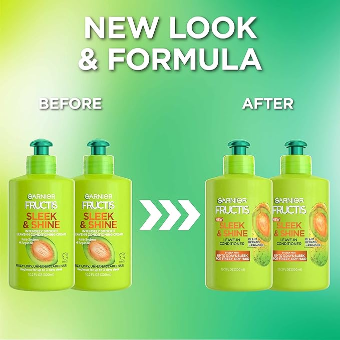 Garnier Fructis Sleek & Shine Leave-In Conditioning Cream for Frizzy, Dry Hair, Plant Keratin + Argan Oil, 10.2 Fl Oz, 2 Count (Packaging May Vary)