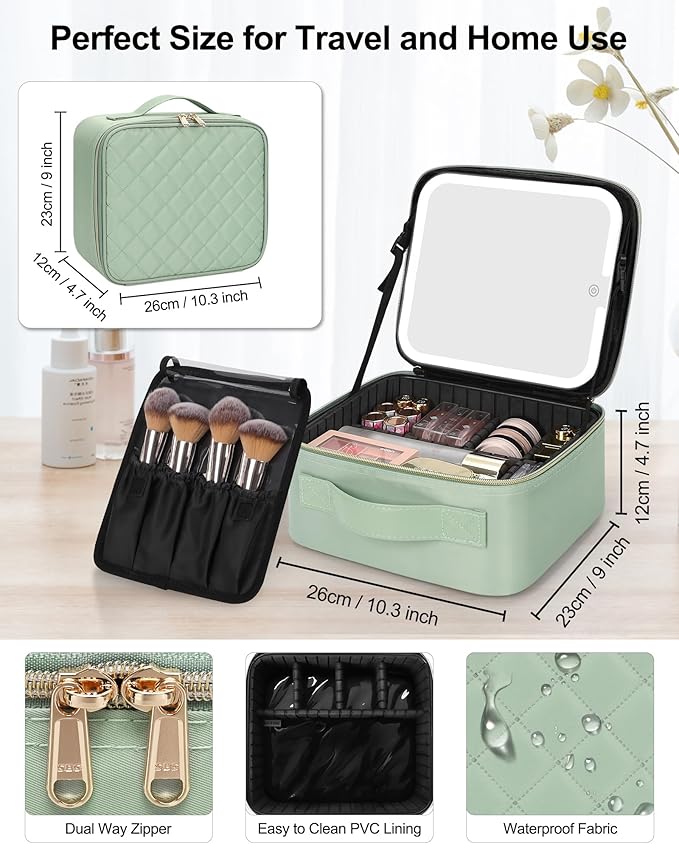 Chomeiu Makeup Bag with LED Mirror, Travel Makeup Case for Women and Makeup Artists Cosmetic Organizer Large Make Up Bags with Light Up Mirror, 3 Color Lights, Adjustable Dividers, Quilted Green