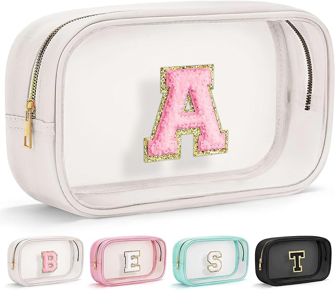 YOOLIFE Initial Make Up Bag Travel Toiletry Bag, Clear Makeup Bag Preppy Stuff Travel Essentials Pink Gifts for Women Teen Girlfriend Teacher Mom Birthday Birthday Gifts for Her Wife White A