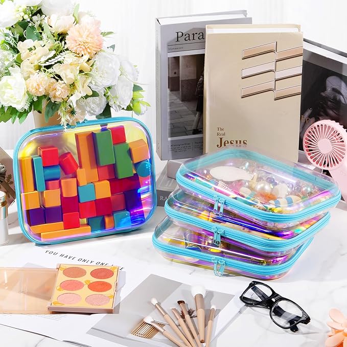 Hoolerry 4 Pcs Hard Clear Zipper Case Makeup Bags Plastic Pencil Pouch Transparent Storage Box Containers for Cosmetics, Snacks, Building Blocks, Puzzles(Blue Laser,9.8 x 7.9 x 2 in)