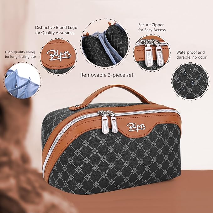 BOYATU Travel Makeup Bag Cosmetic Bags for Women: 3 Pcs Set Large Portable Make up Bag with Handle - Vegan Leather Toiletry Bags with Compartments - Makeup Organizer for Travel Essentials(A-4-Black)