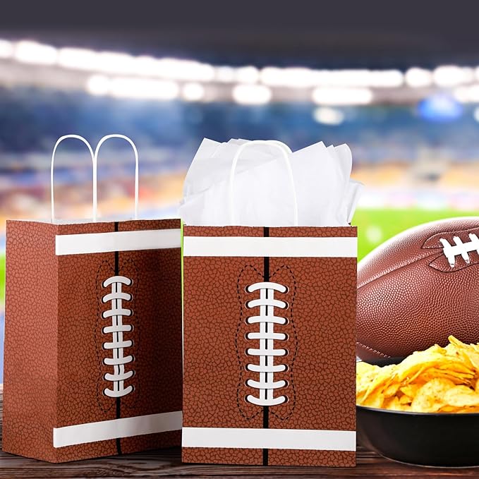 durony 16 Pieces Football Gift Bags with Handles Football Party Favor Bags Paper Treat Bags Football Goodie Bags Candy Snack Bags Football Theme Party Decorations for Birthday Party Supplies